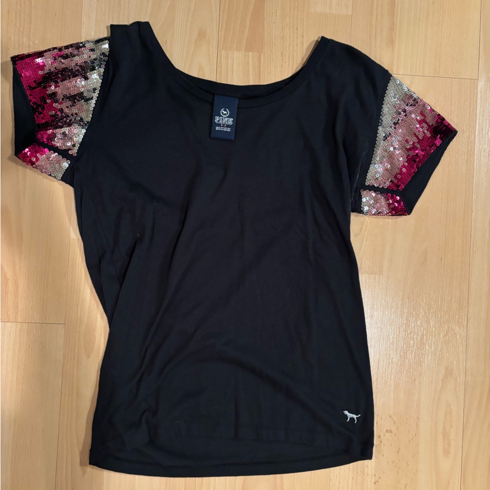 PINK Victoria's Secret Black Tee with Pink and Silver Sequin Ombre Sleeves